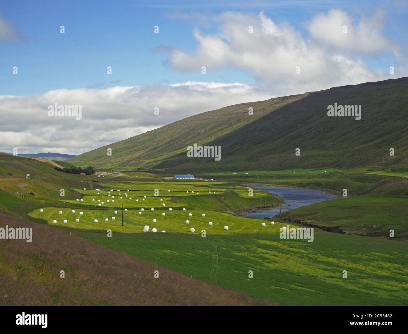fertile river valley with lush grass, straw bale and farm Stock Photo
