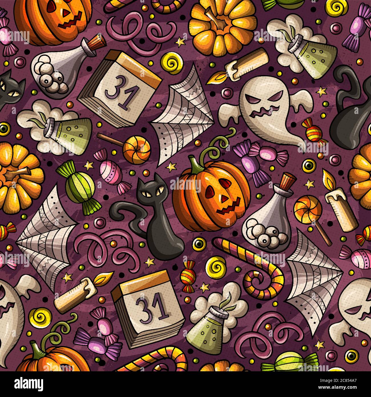 Cartoon cute hand drawn Halloween seamless pattern Stock Vector Image ...