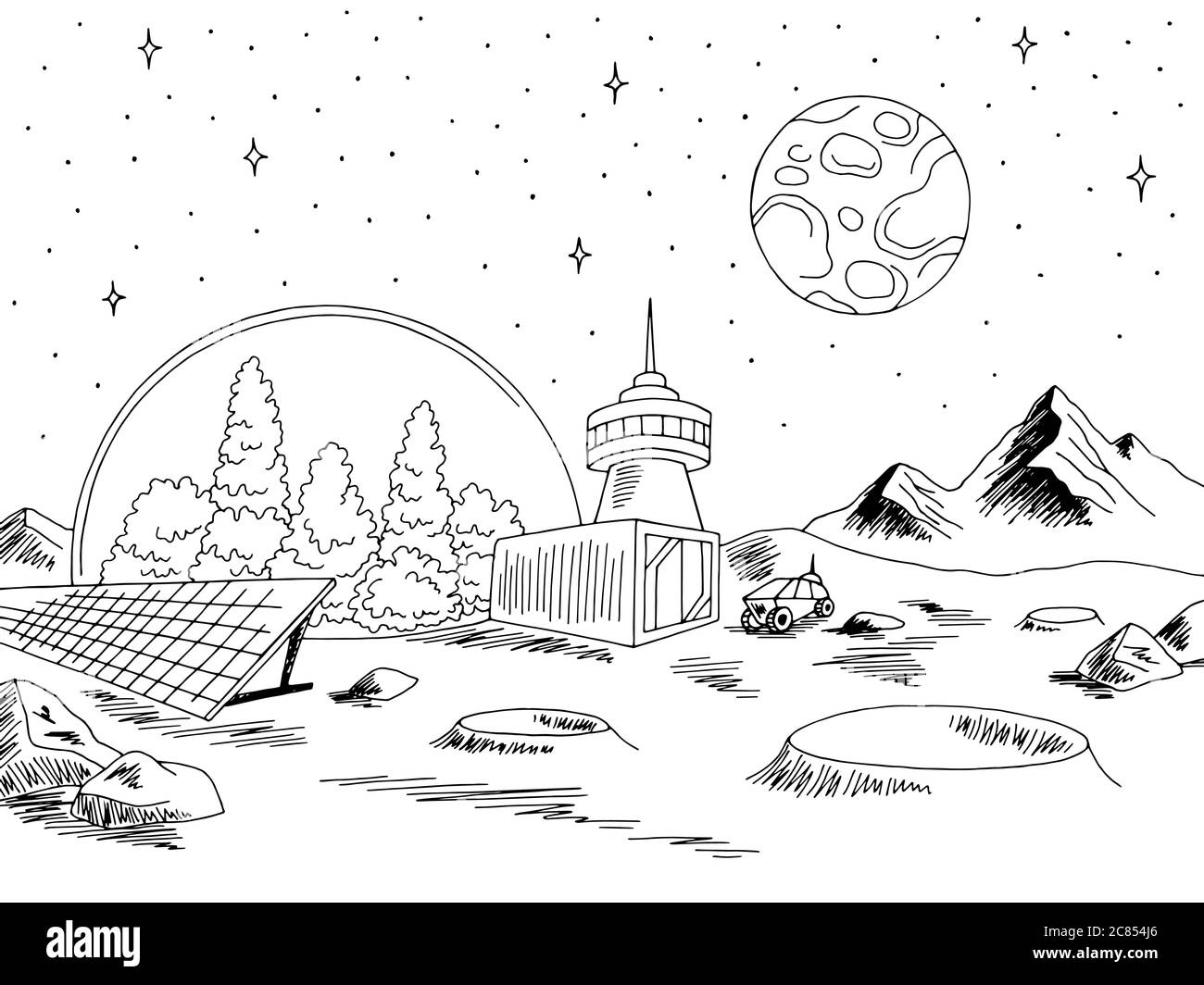Colony planet graphic black white space landscape sketch illustration vector Stock Vector