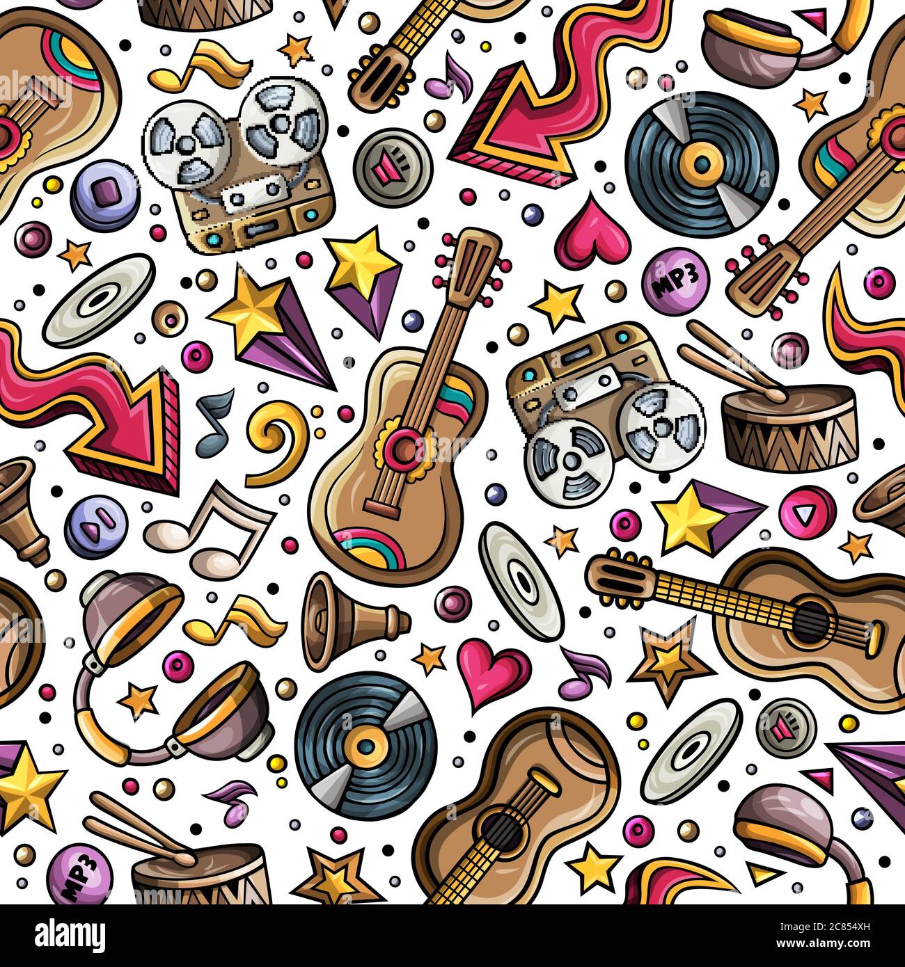 Cartoon hand-drawn musical instruments seamless pattern Stock Vector