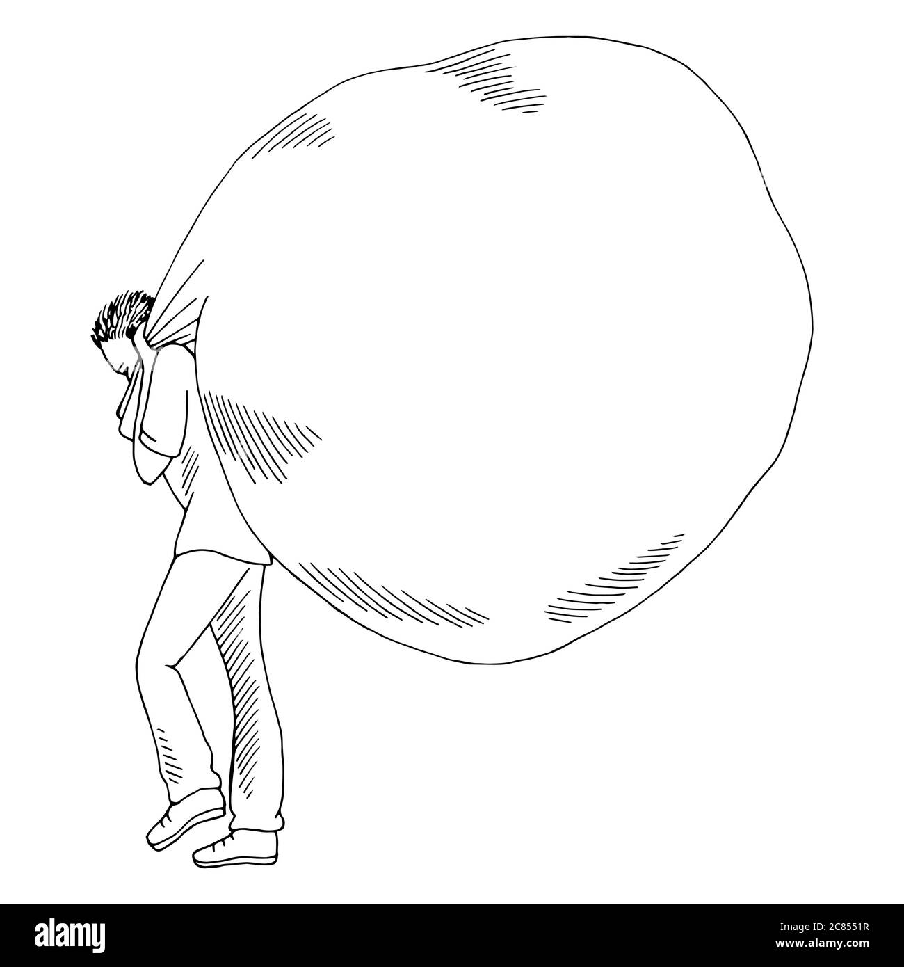 Man carries a huge bag isolated graphic black white sketch illustration