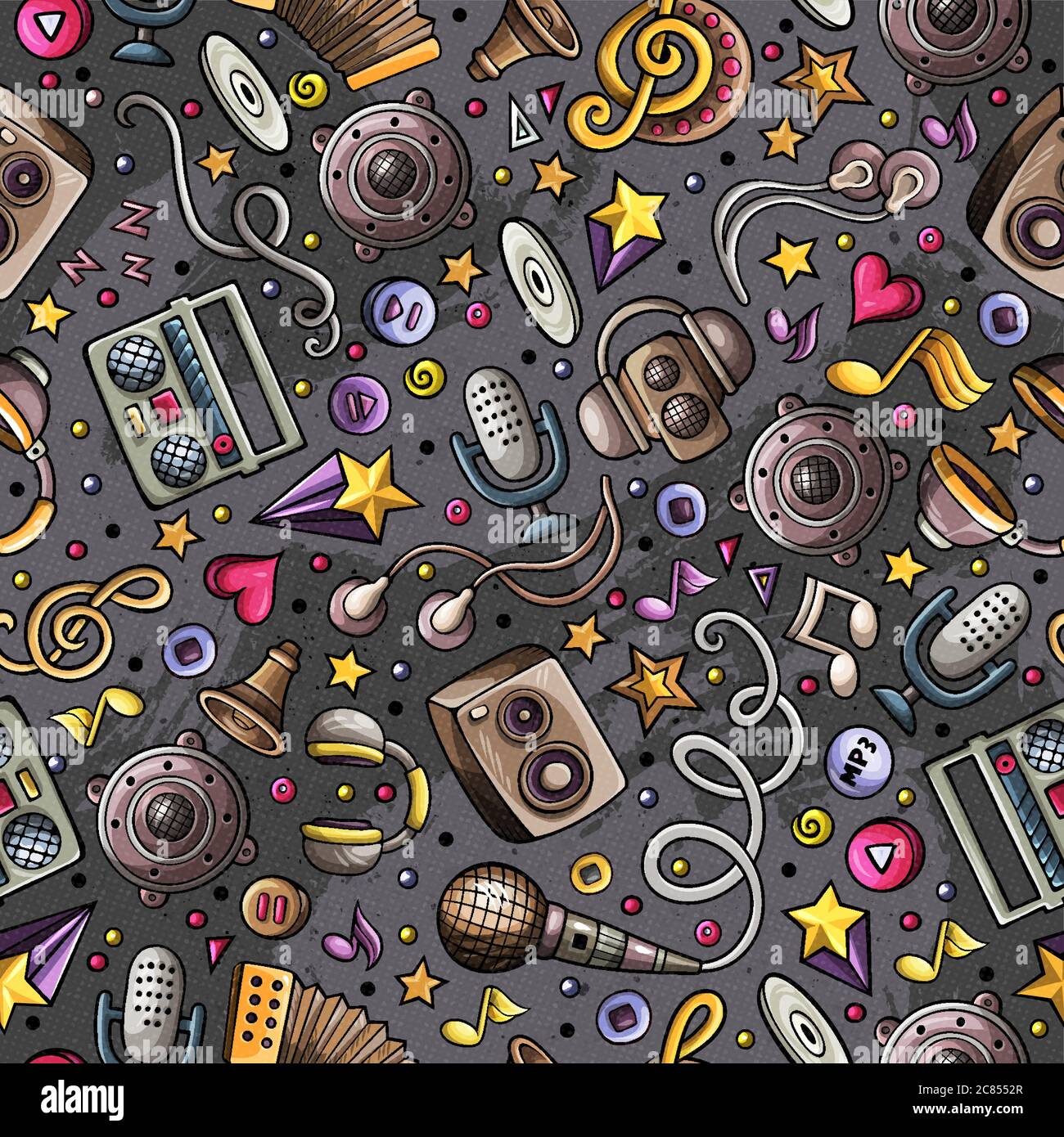 Cartoon hand-drawn musical instruments seamless pattern Stock Vector ...