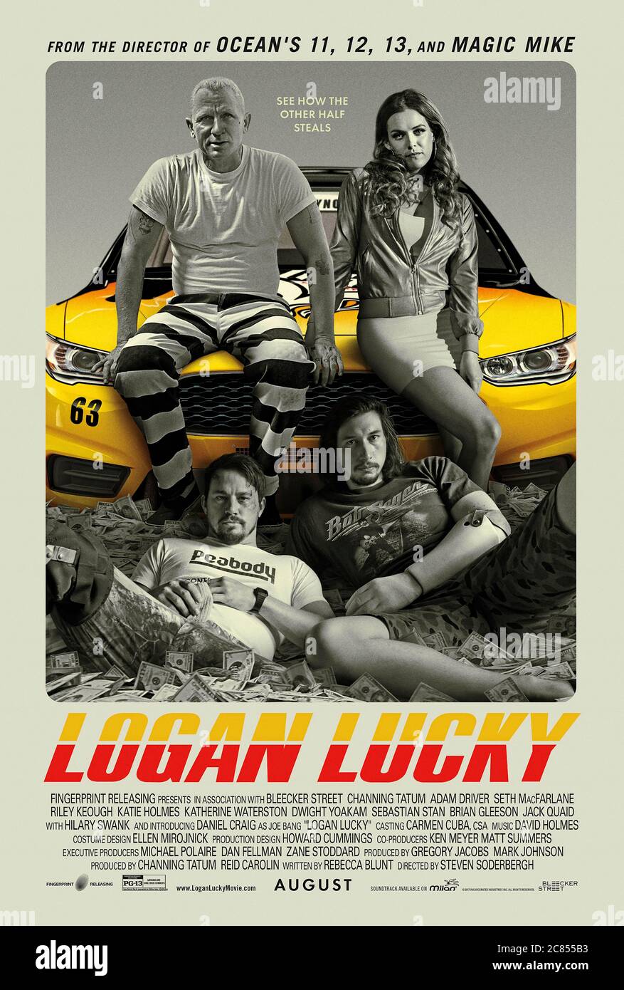 Logan Lucky (2017) directed by Steven Soderbergh and starring Channing Tatum, Adam Driver, Daniel Craig and Katie Holmes. Two brothers try to rob the Charlotte Motor Speedway during a NASCAR Race. Stock Photo