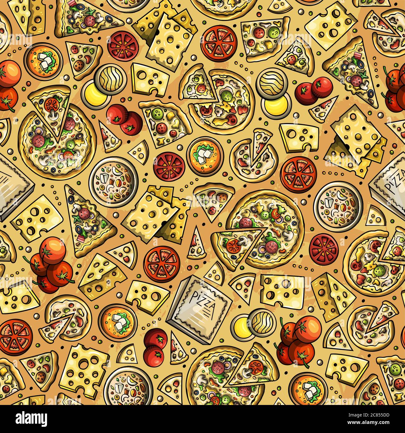 Cartoon cute hand drawn Pizza seamless pattern. Stock Vector