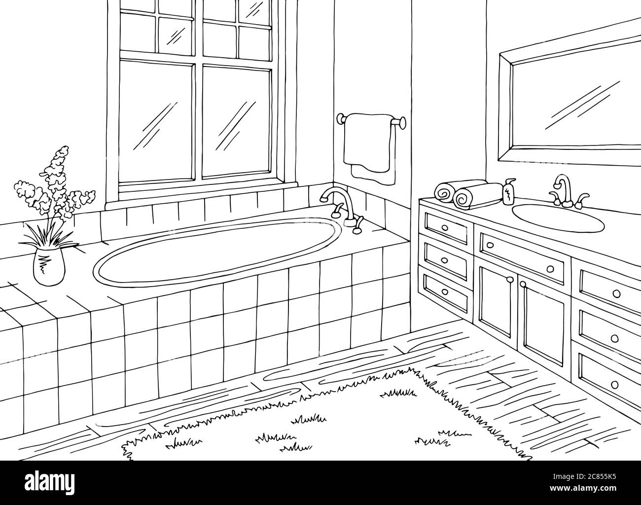 Hand drawn sketch of a cozy small bathroom with shower and washbasin, view  from above Stock Photo - Alamy