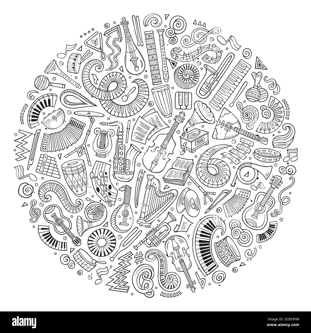 Set of vector cartoon doodle classic musical instruments and objects