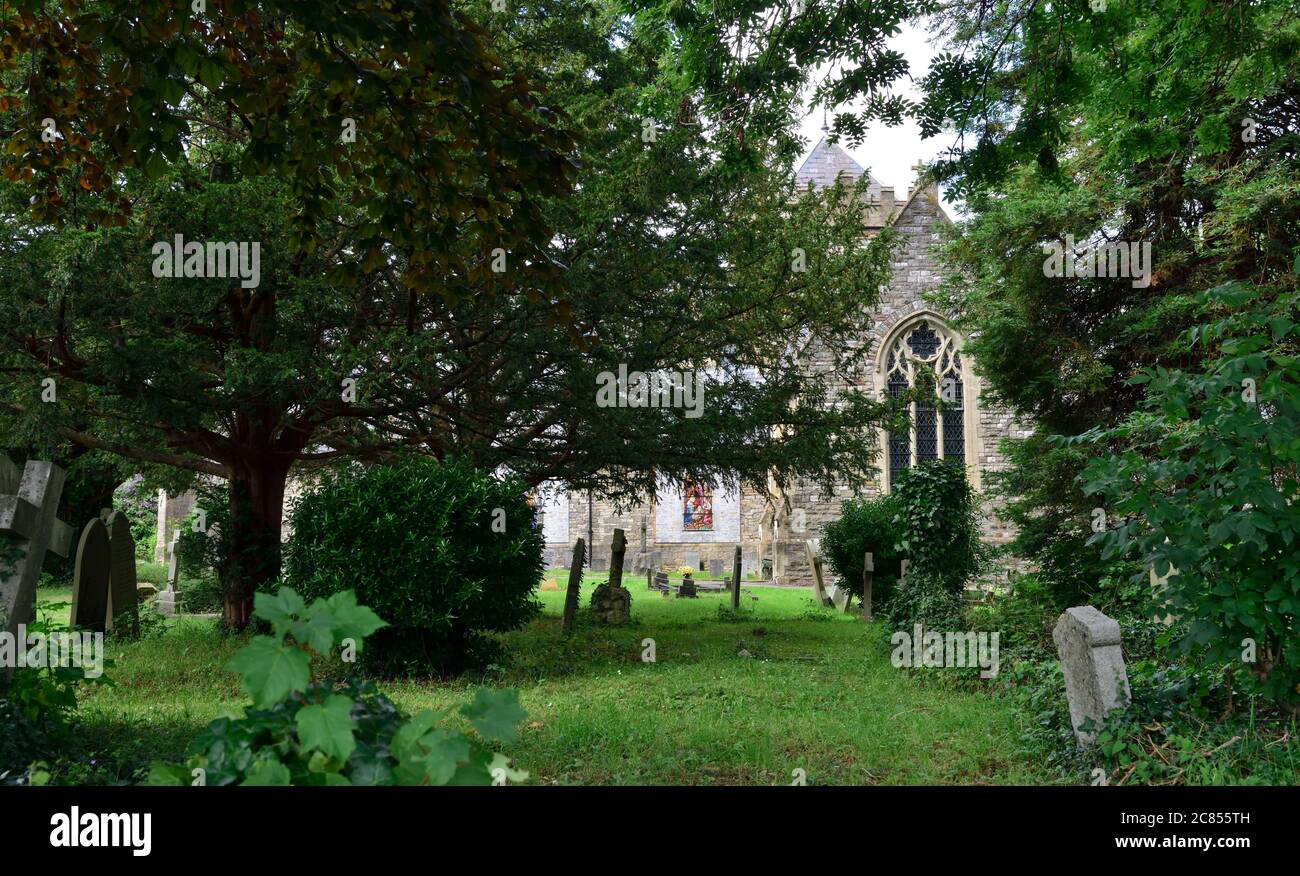 Church (Horfield Parish Church) and graveyard behind trees, Bristol, England Stock Photo