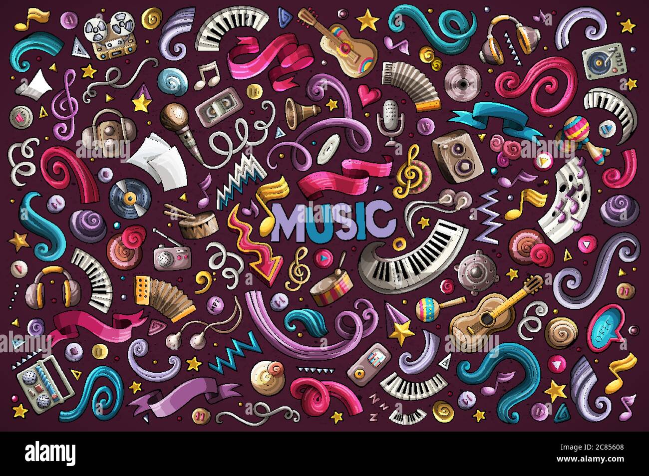 Colorful vector hand drawn doodles cartoon set of Music objects Stock ...