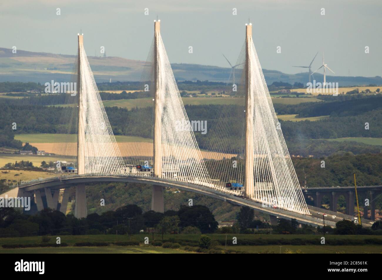 Edinburgh, Scotland, UK. 21st July, 2020. Pictured: The Queensferry Crossing is a road bridge in Scotland. It was built alongside the existing Forth Road Bridge and carries the M90 motorway across the Firth of Forth between Edinburgh, at South Queensferry, and Fife, at North Queensferry. Credit: Colin Fisher/Alamy Live News Stock Photo