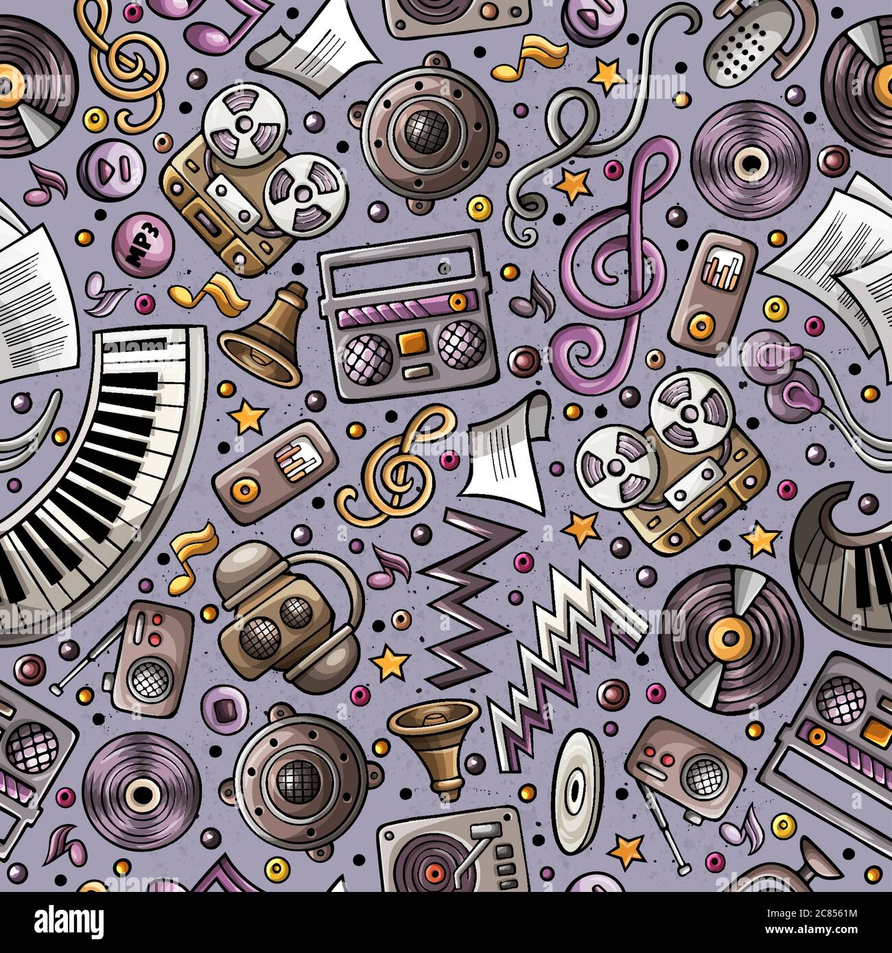 Cartoon hand-drawn musical instruments seamless pattern Stock Vector