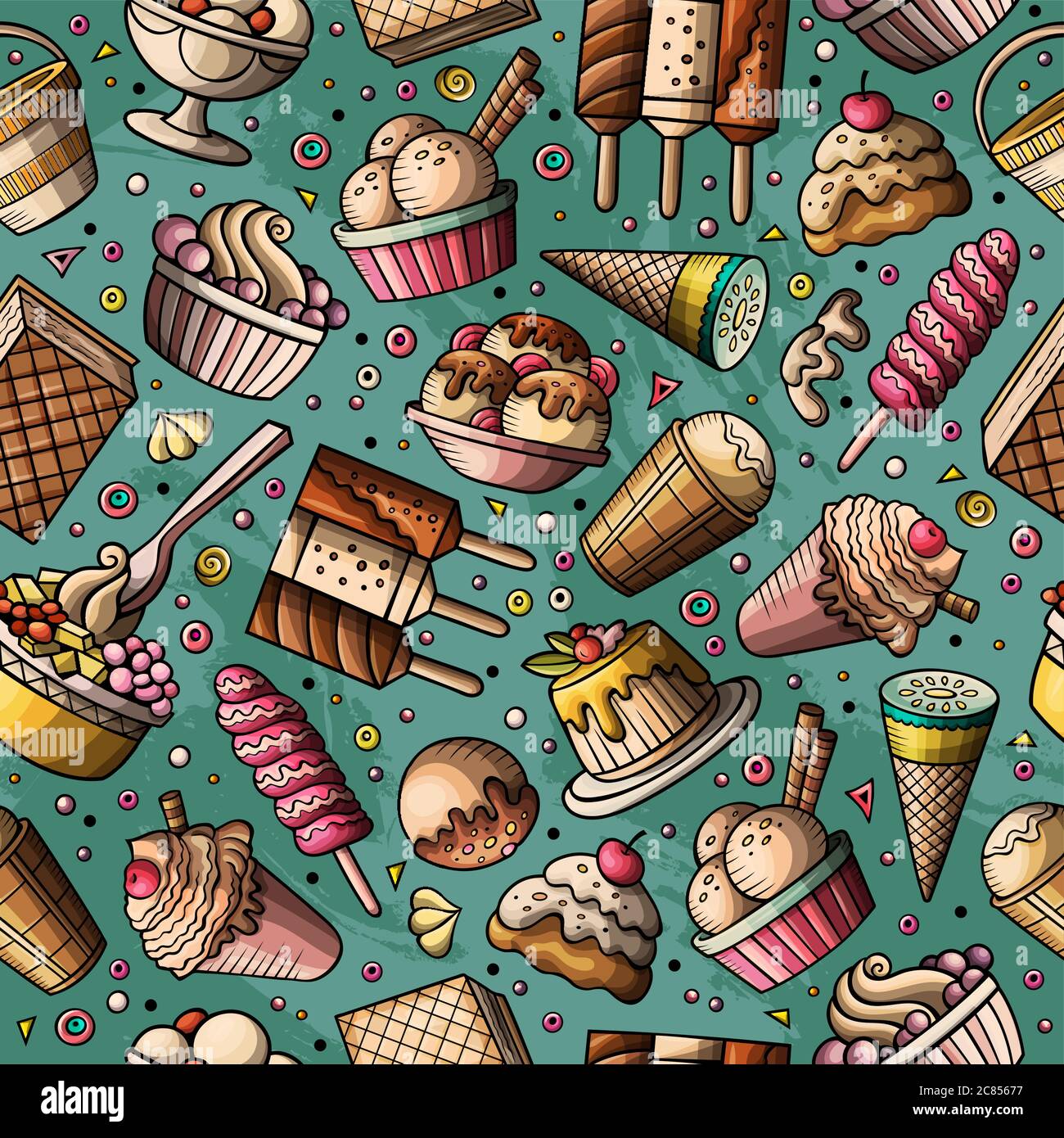 Cartoon hand-drawn ice cream doodles seamless pattern Stock Vector ...
