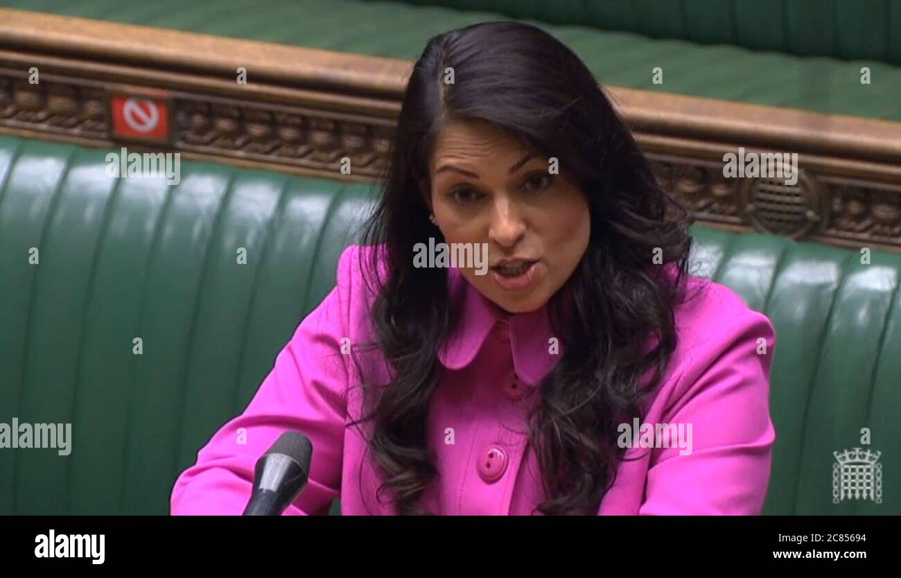 Home Secretary Priti Patel making a statement to MPs in the House of Commons, London, where she promised a 'full evaluation' of the hostile environment policy in the wake of the Windrush scandal. Stock Photo