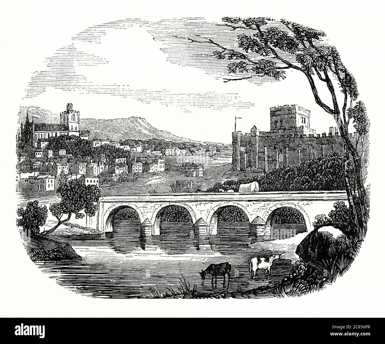 An old engraving of a view of Carlisle in the Middle Ages with its castle (right) and cathedral (left). During the Middle Ages, because of its proximity to the Kingdom of Scotland, Carlisle became an important military stronghold. Carlisle Castle, still relatively intact, was built in 1092 by William Rufus, and once served as a prison for Mary, Queen of Scots. Stock Photo