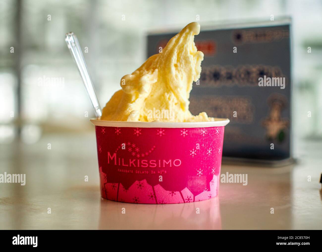 Hakodate, Hokkaido, Japan - Gelato ice cream in Milkissimo, Goryokaku Tower. Yummy sweets. Delicious dairy food. Summer dessert of good quality. Stock Photo