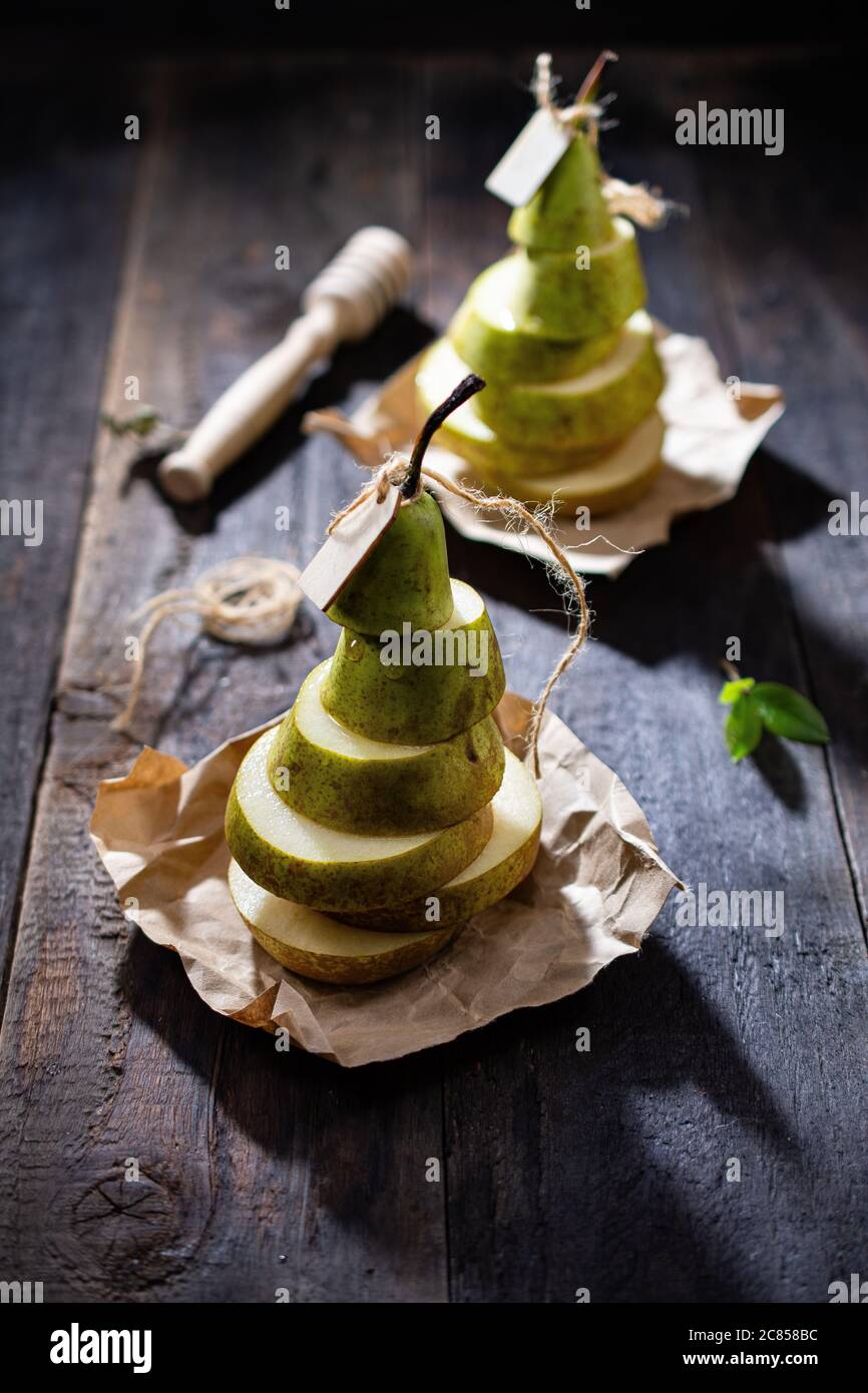 Pear fruit dessert.Delicious natural snack.Healthy food and sweets.Country style. Stock Photo