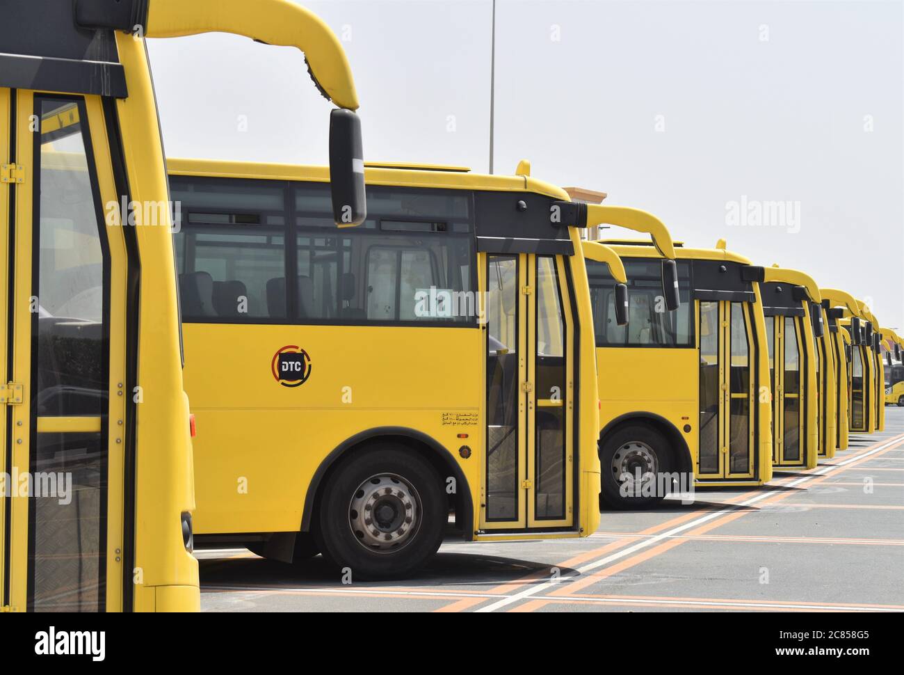 A row of yellow school buses in Dubai parked and not in use due to