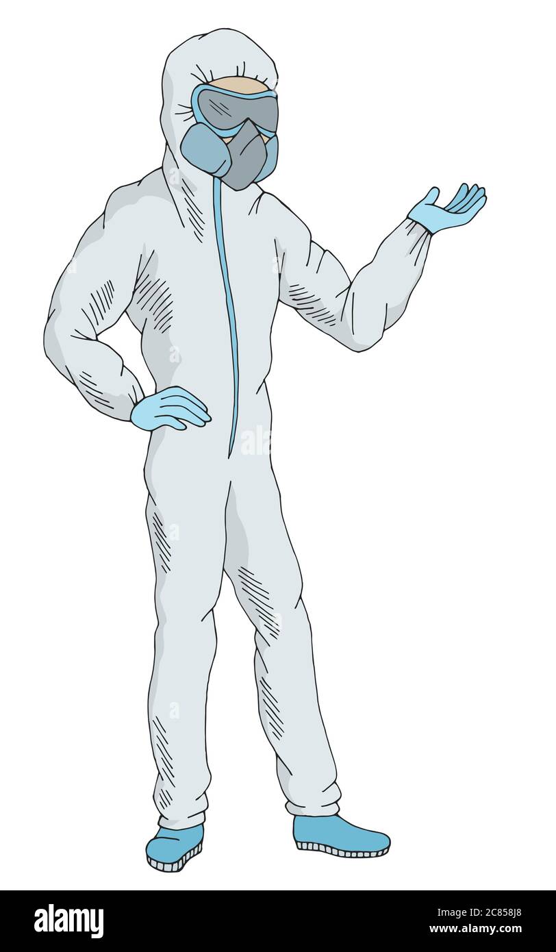 Doctor in medical protective suit biohazard isolated graphic color sketch illustration vector Stock Vector