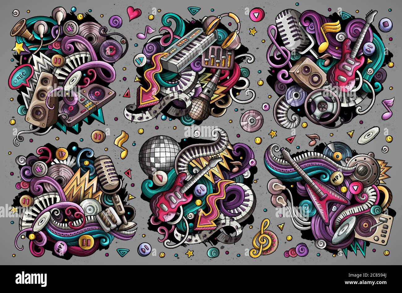 Colorful vector doodles cartoon set of disco music objects combinations ...