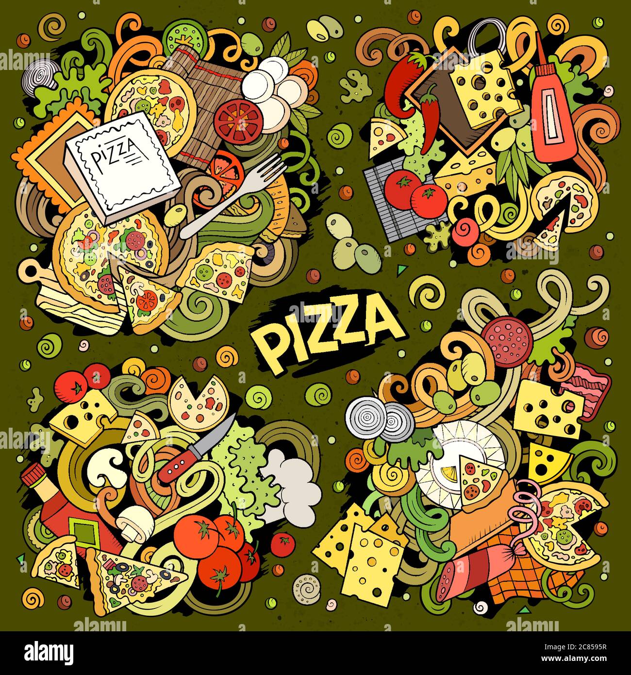 Colorful vector hand drawn doodles cartoon set of Pizza combinations ...