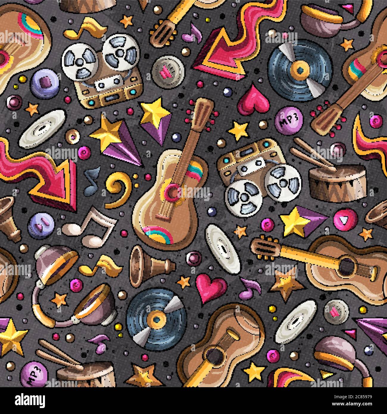 Cartoon hand-drawn musical instruments seamless pattern Stock Vector ...