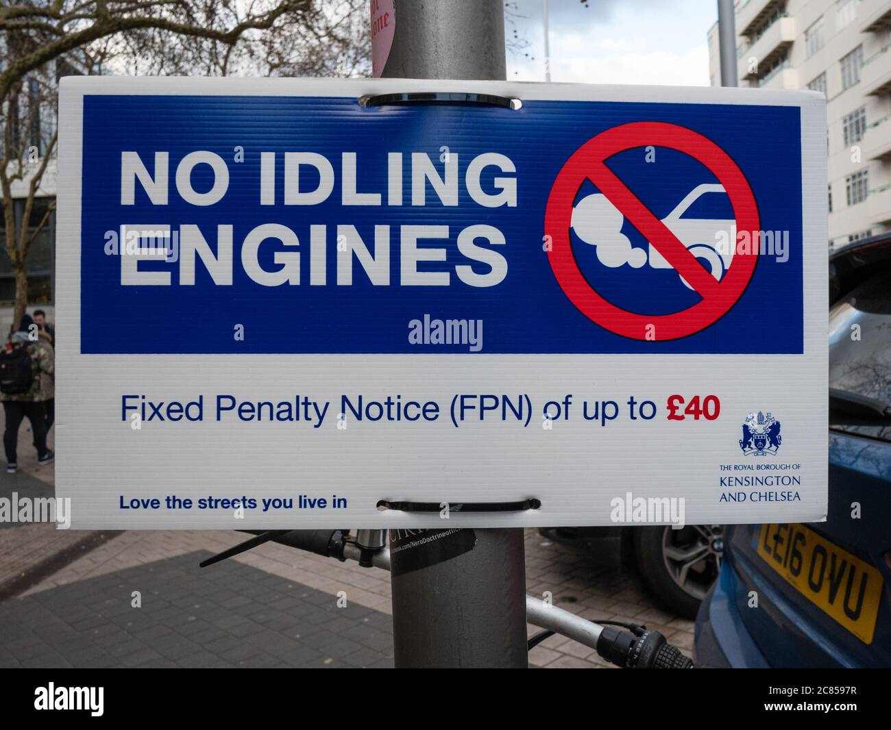 London, UK - October 30 2018: Street signage in central London forbids drivers from leaving their engines running when parked Stock Photo