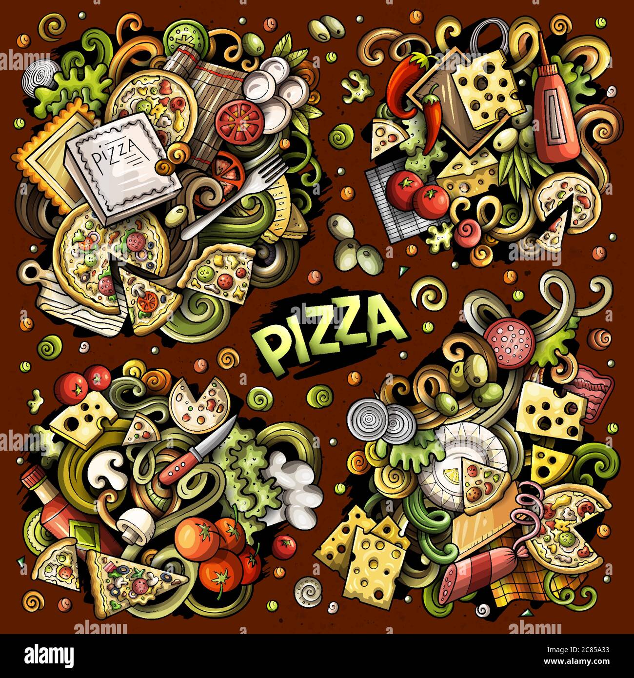 Colorful vector hand drawn doodles cartoon set of Pizza combinations ...