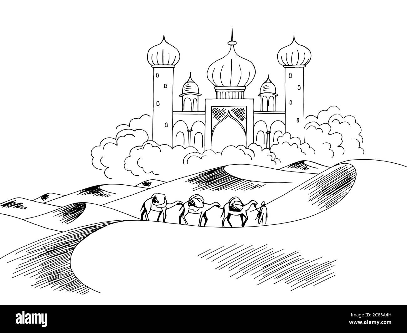 Camel caravan desert palace mirage graphic black white landscape sketch illustration vector Stock Vector
