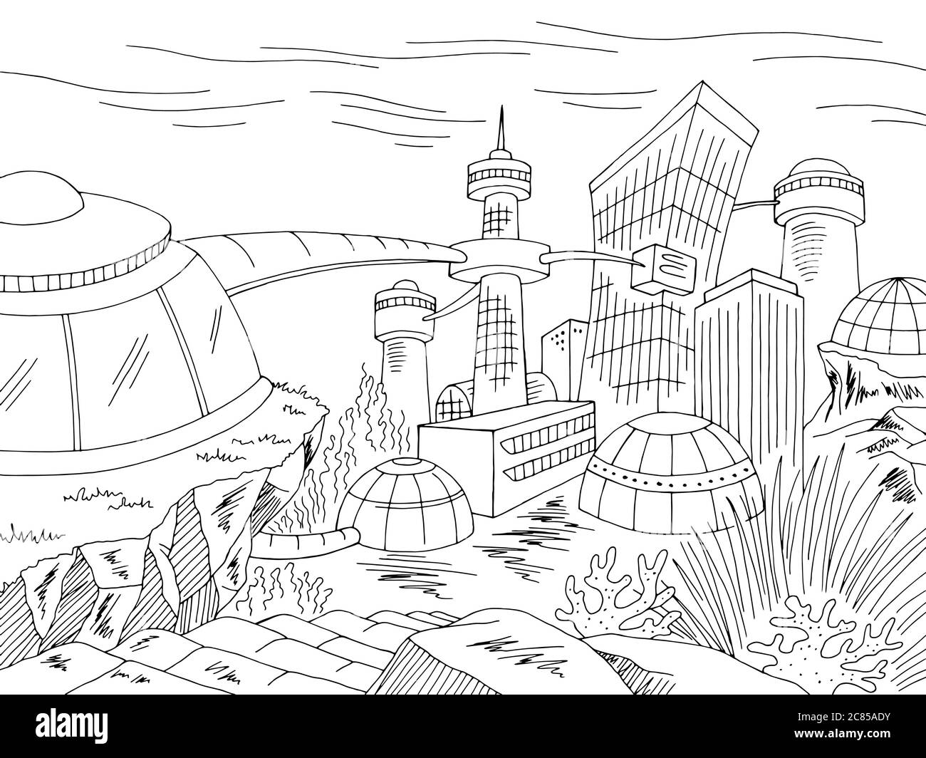 City underwater graphic black white cityscape sketch illustration vector Stock Vector