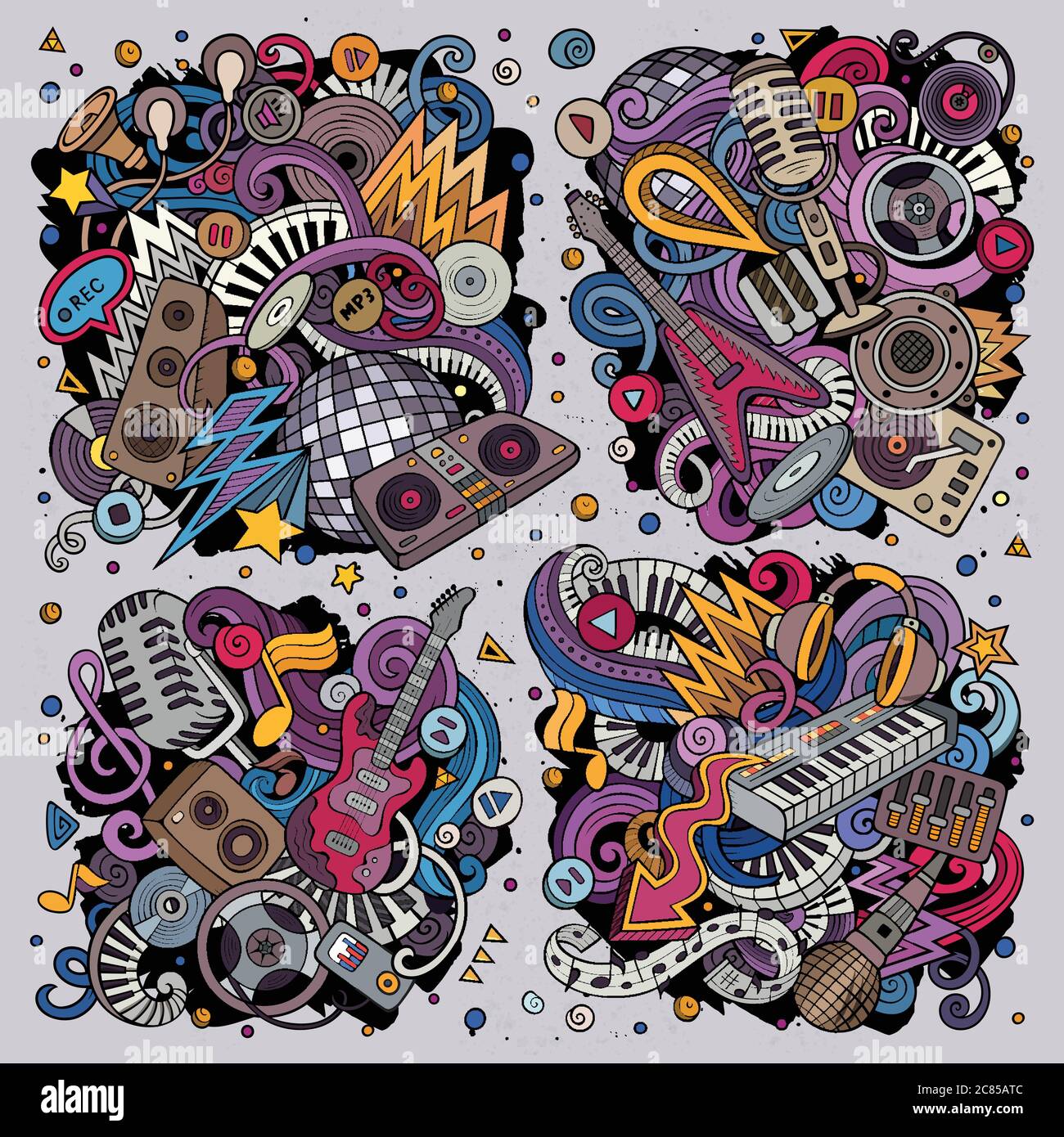 Colorful vector doodles cartoon set of disco music objects combinations ...