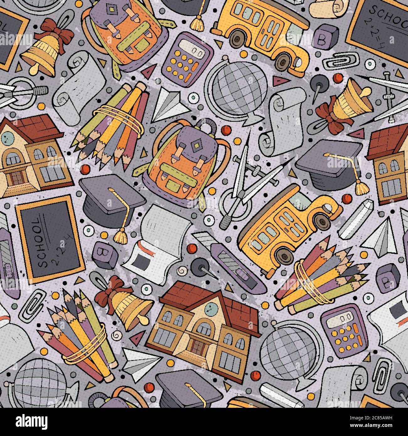 Cartoon hand-drawn Back to School seamless pattern Stock Vector Image ...