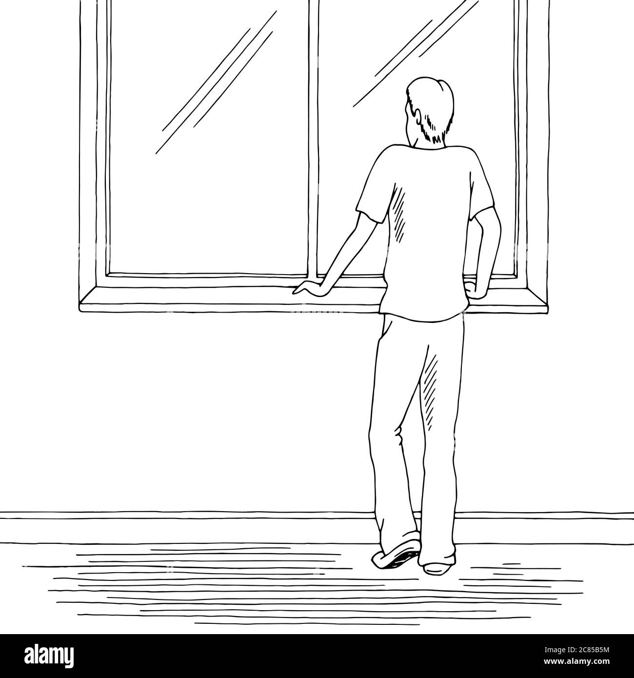 Man stay at home looking out the window graphic black white sketch