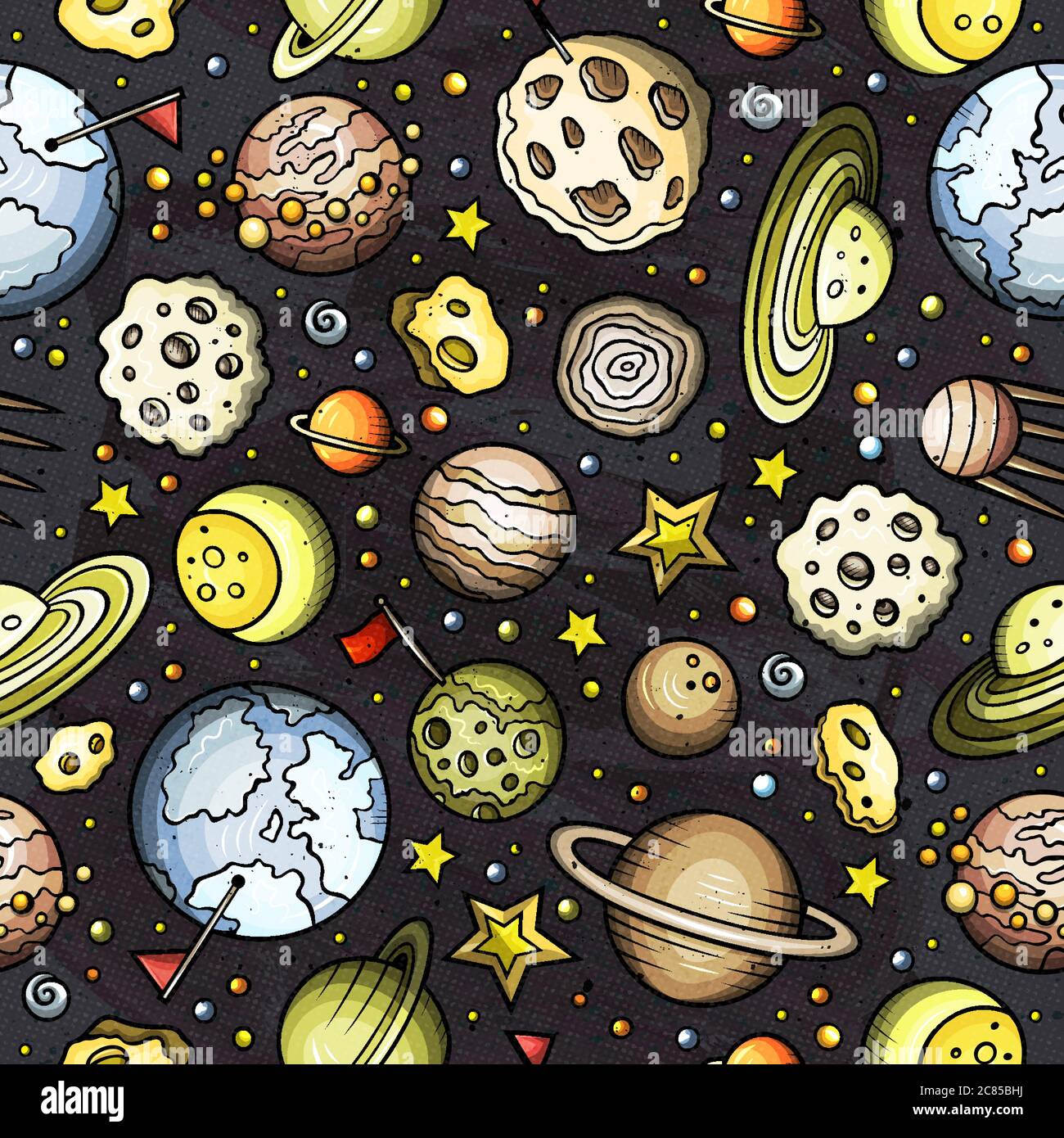 Cartoon hand-drawn space, planets seamless pattern Stock Vector Image ...