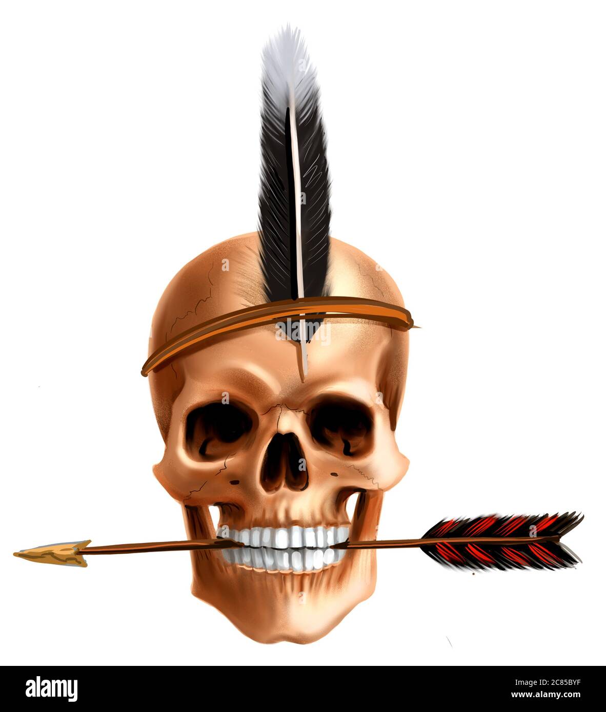 Human skull with an arrow in its teeth. Digital illustration Stock Photo