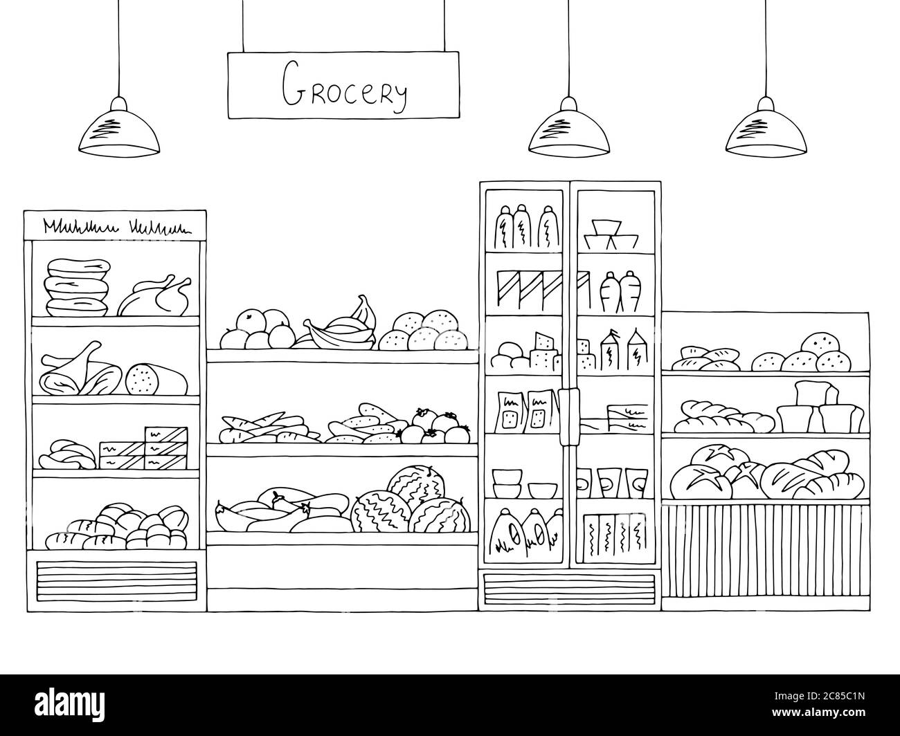 Grocery store shop interior black white graphic sketch illustration vector  Stock Vector Image & Art - Alamy