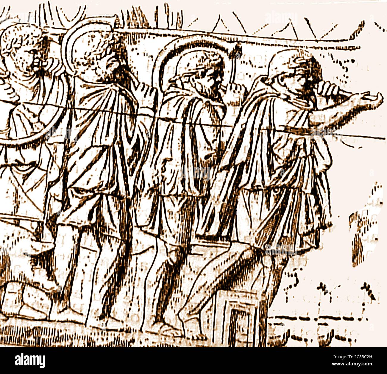 Part of a Roman Frieze showing 3 soldiers playing a Cornus aka Cornua and led by a Buccina player. Stock Photo
