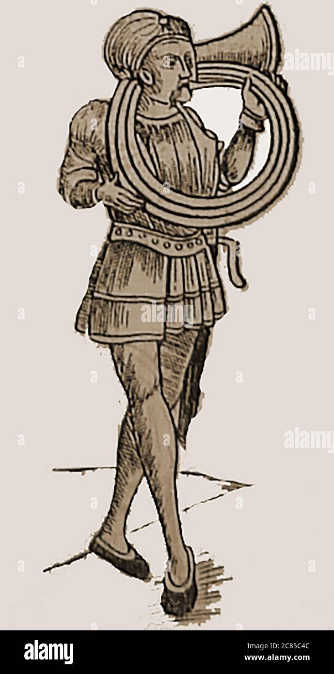 A 1502 illustration showing a man playing a spiral coiled horn Stock Photo