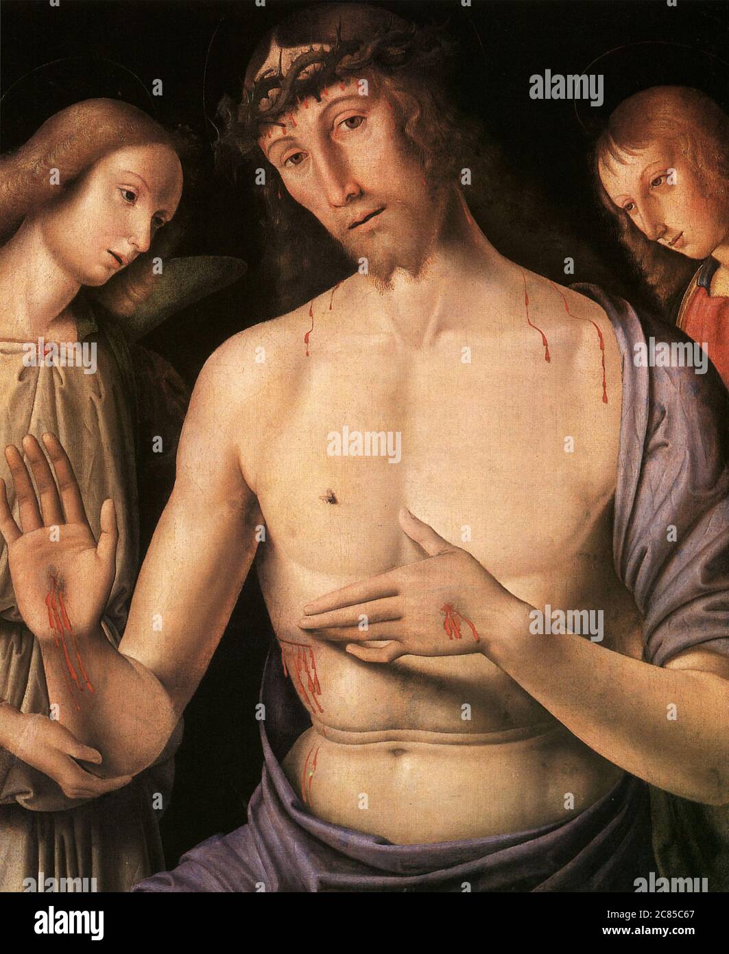Christ Supported by Two Angels (1490) by Giovanni Santi (1435-1494, father of Raphael Santi) Museum Of Fine Arts in Budapest, Hungary Stock Photo