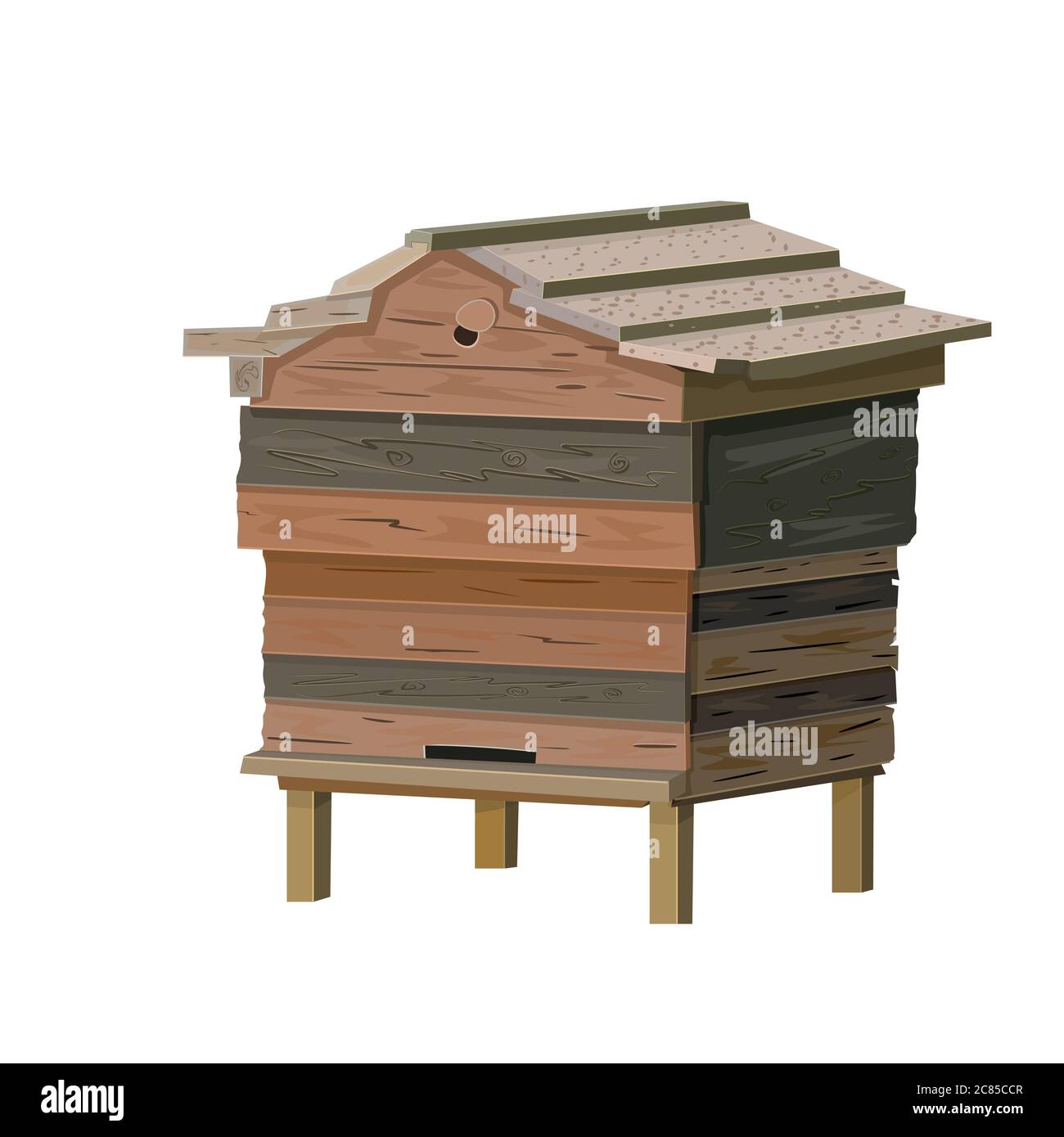 Beehive isolated on white background. Old wooden bee hive. Cartoon illustration hive for beekeeping, bee colony housing. Apiculture icon. Stock vector Stock Vector