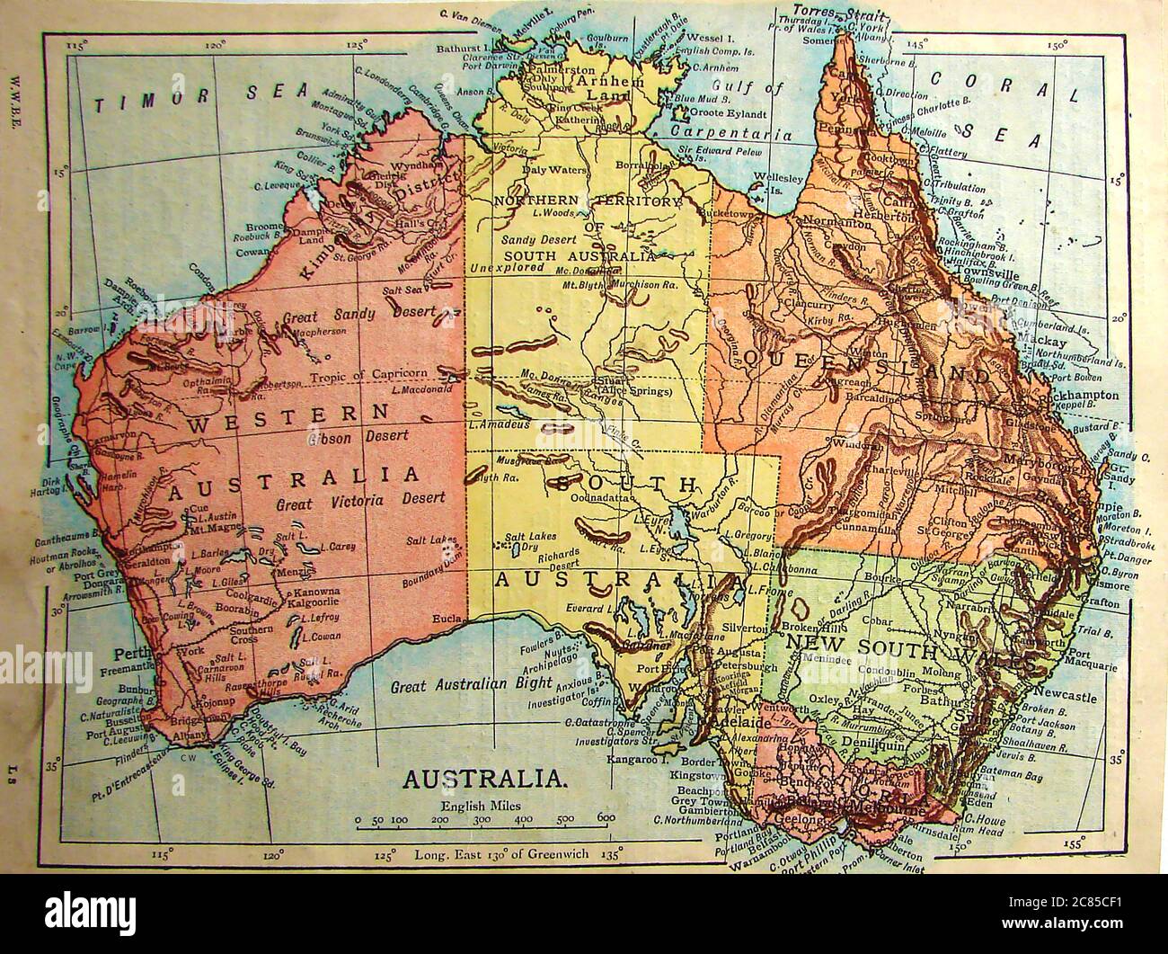 An historical  1901 colour map of Australia showing towns and settlements of the time and unexplored regions with old and present names. Stock Photo