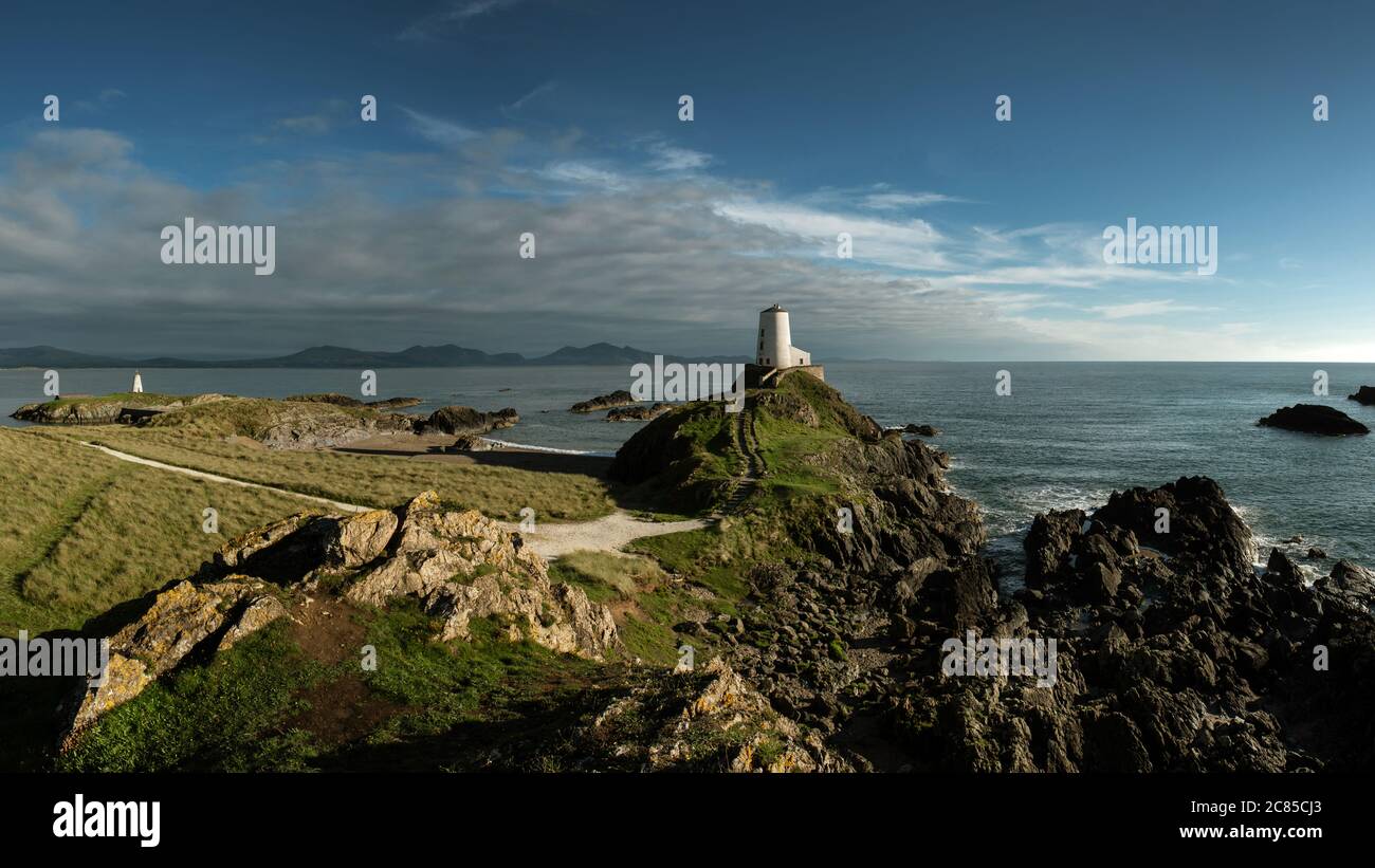 North Wales coast landscape and 2 lighthouses, UK Stock Photo