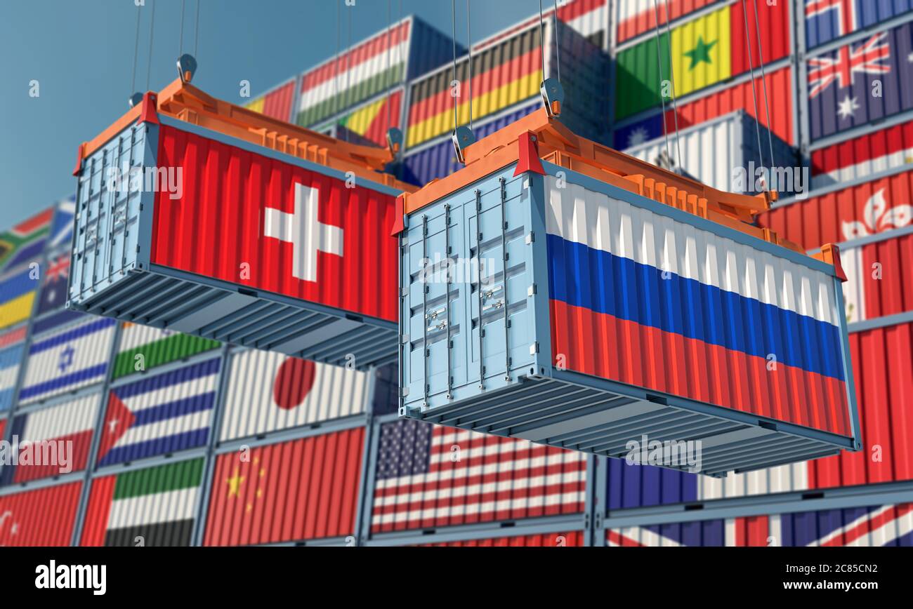 Freight containers with Switzerland and Russia flag. 3D Rendering Stock Photo