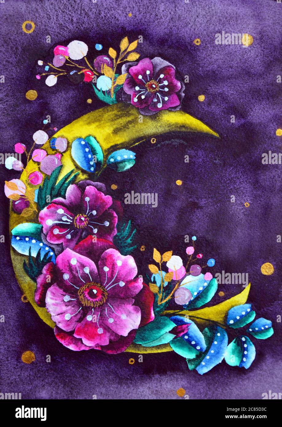 Crescent moon with flower composition. Trendy Bohemian style watercolor illustration with pink anemones, and leaves on dark blue background Stock Photo