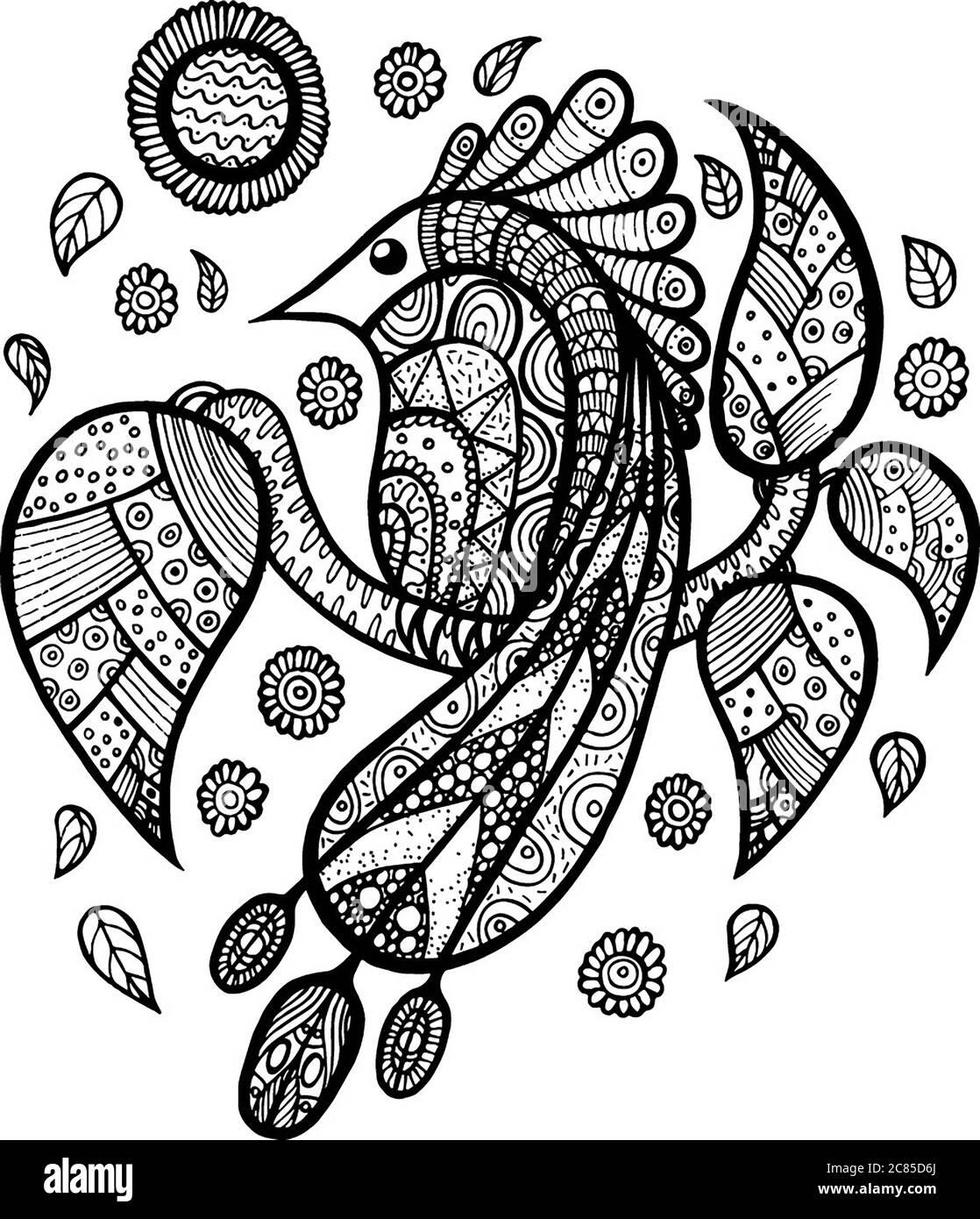 Bird peacock on branch with leaves and flowers zen doodle hand drawn coloring page Stock Photo