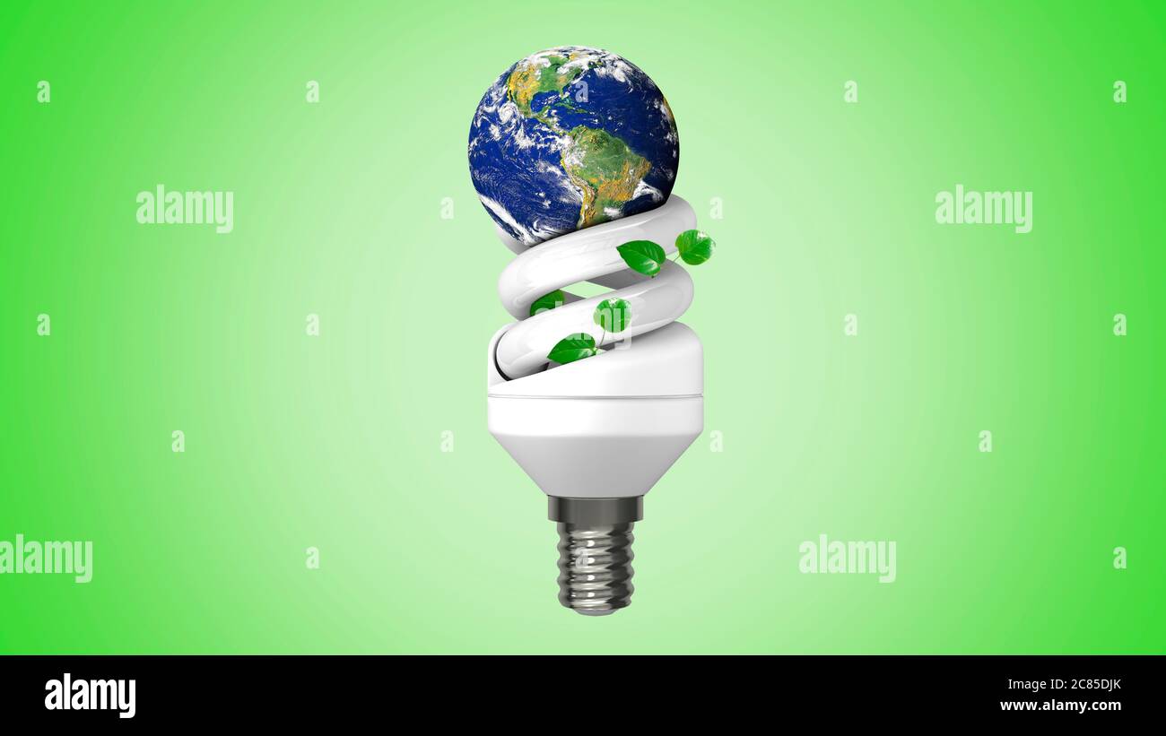 Ecological responsibility concept, light lamp with a green plant around carrying clean earth Stock Photo