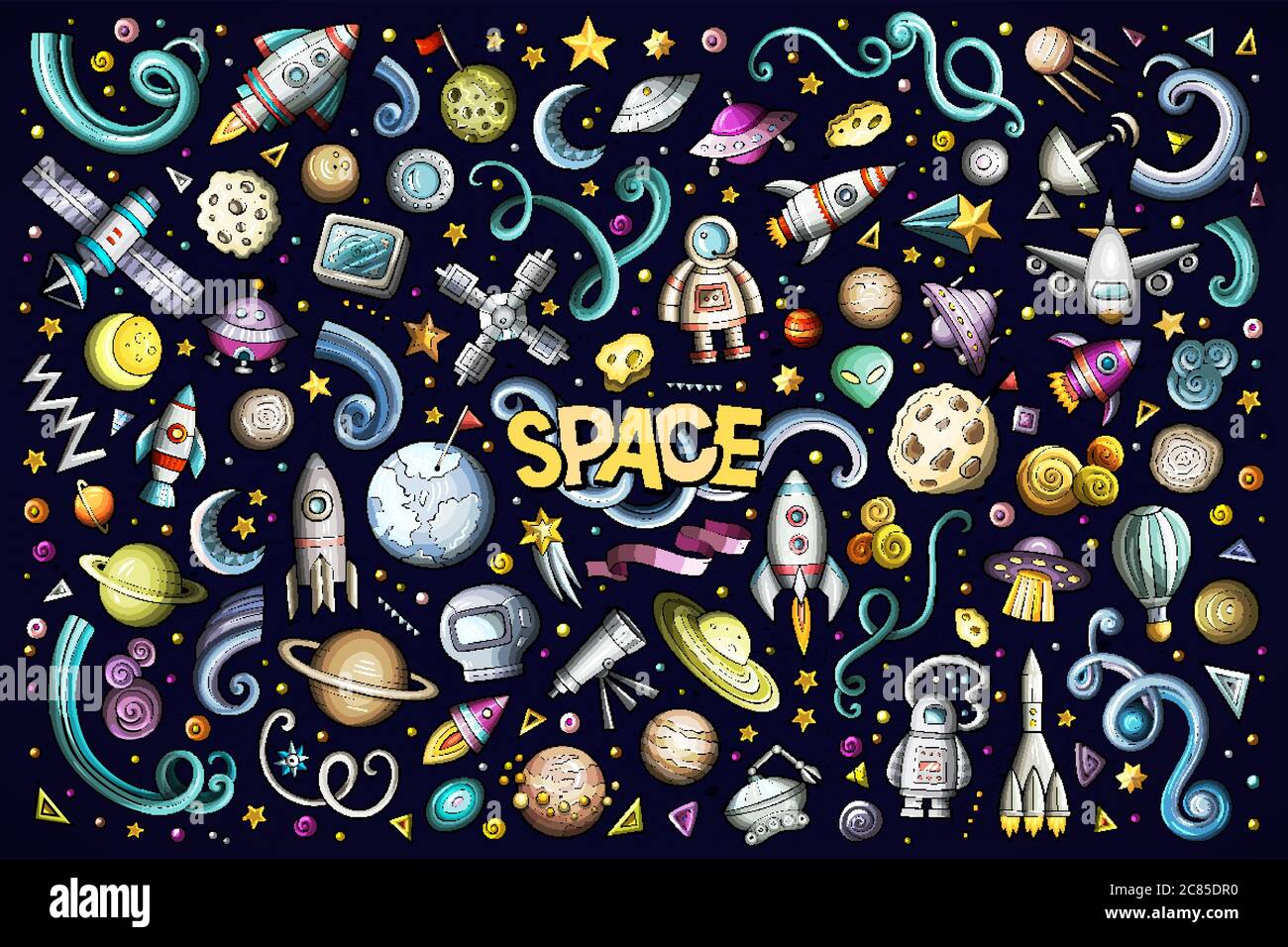 Colorful vector hand drawn doodles cartoon set of Space objects Stock ...