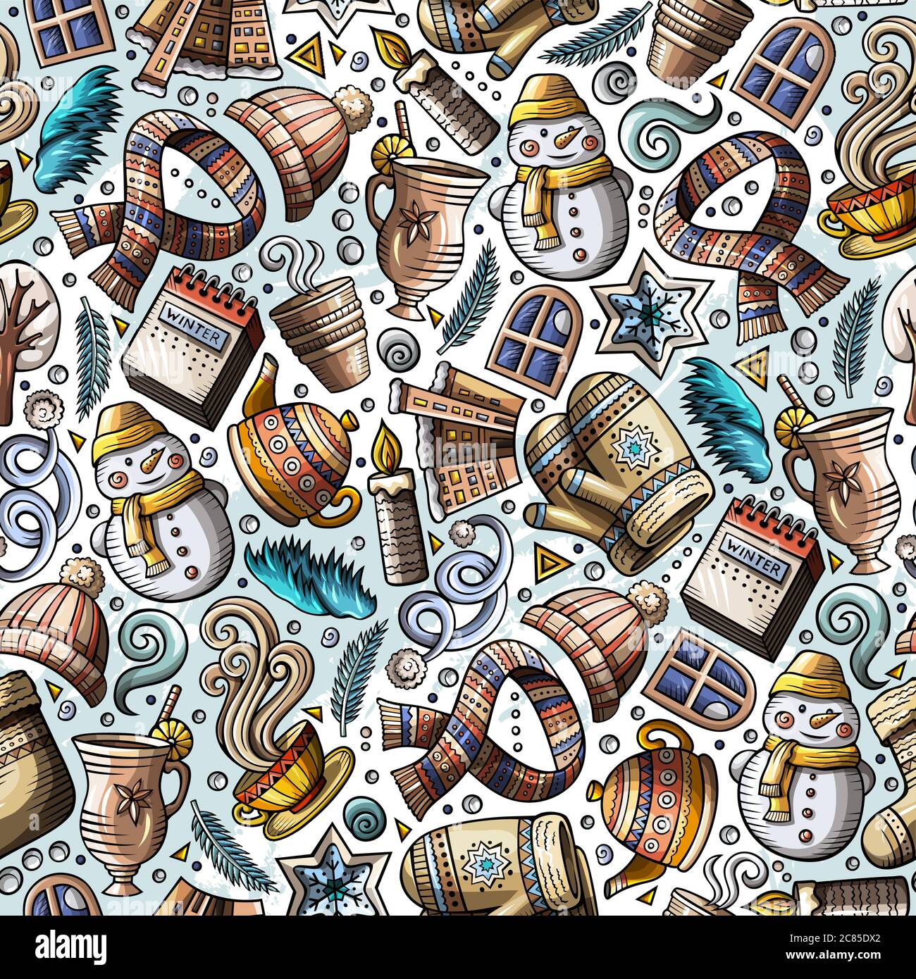 Cartoon cute hand drawn Winter season seamless pattern Stock Vector ...