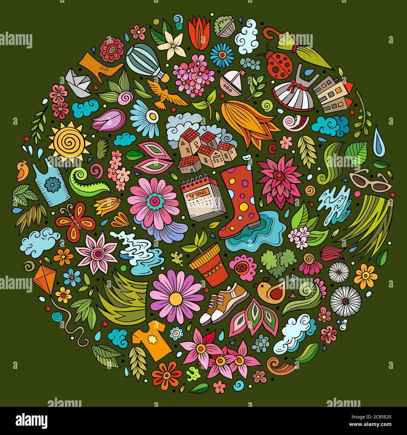 Colorful vector hand drawn set of Spring cartoon doodle objects Stock ...