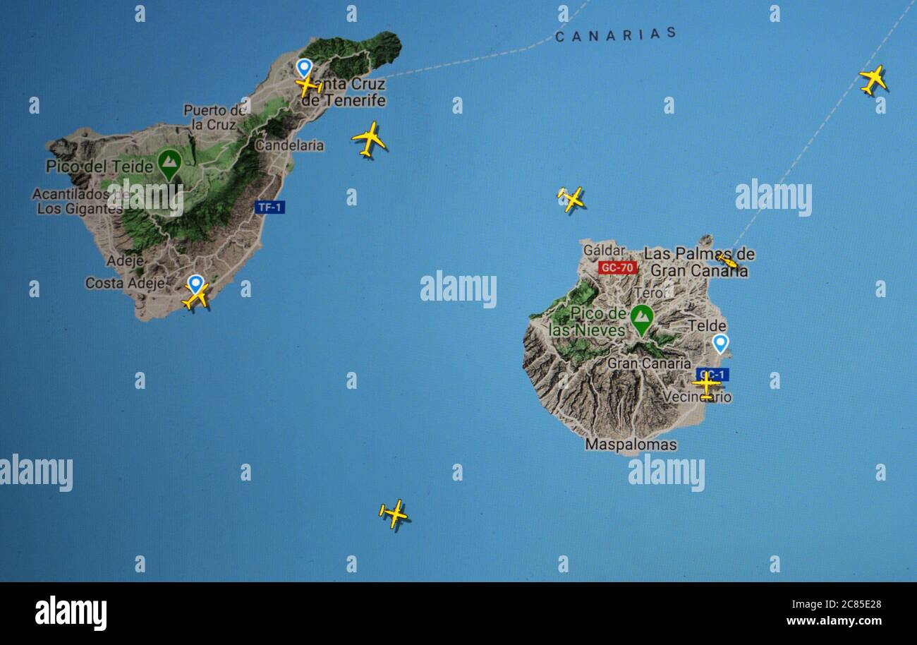 air traffic over Tenerife and Gran Canaria islands (21 july 2020, UTC 12.20),  on Internet with Flightradar 24 site, during the Coronavirus Pandemic Stock Photo