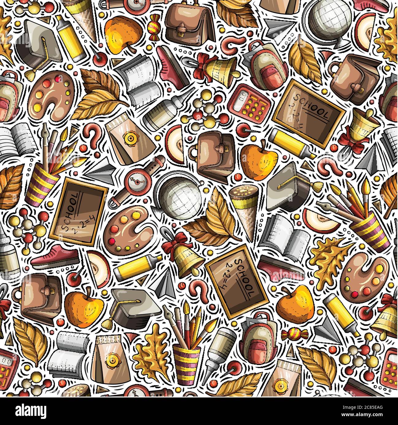 Cartoon hand-drawn Back to School seamless pattern Stock Vector Image ...