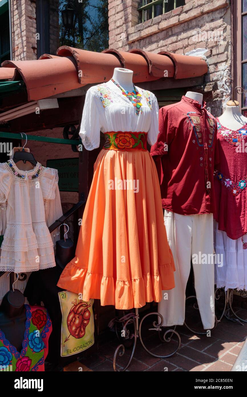 View of people shopping, and goods for sale, in Olvera Street market, Los Angeles Stock Photo